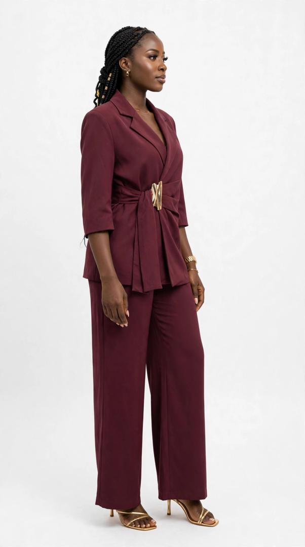 SISI Burgundy 2-Piece Blazer Set - Wrap Blazer with Gold Buckle + Wide Leg Pants - Office Boss Lady - Wine Color - M L XL 2XL - Image 2
