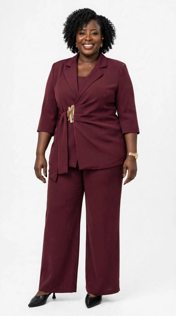 SISI Burgundy 2-Piece Blazer Set - Wrap Blazer with Gold Buckle + Wide Leg Pants - Office Boss Lady - Wine Color - M L XL 2XL - Image 3
