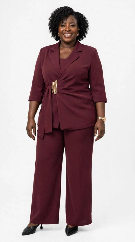 SISI Burgundy 2-Piece Blazer Set - Wrap Blazer with Gold Buckle + Wide Leg Pants - Office Boss Lady - Wine Color - M L XL 2XL