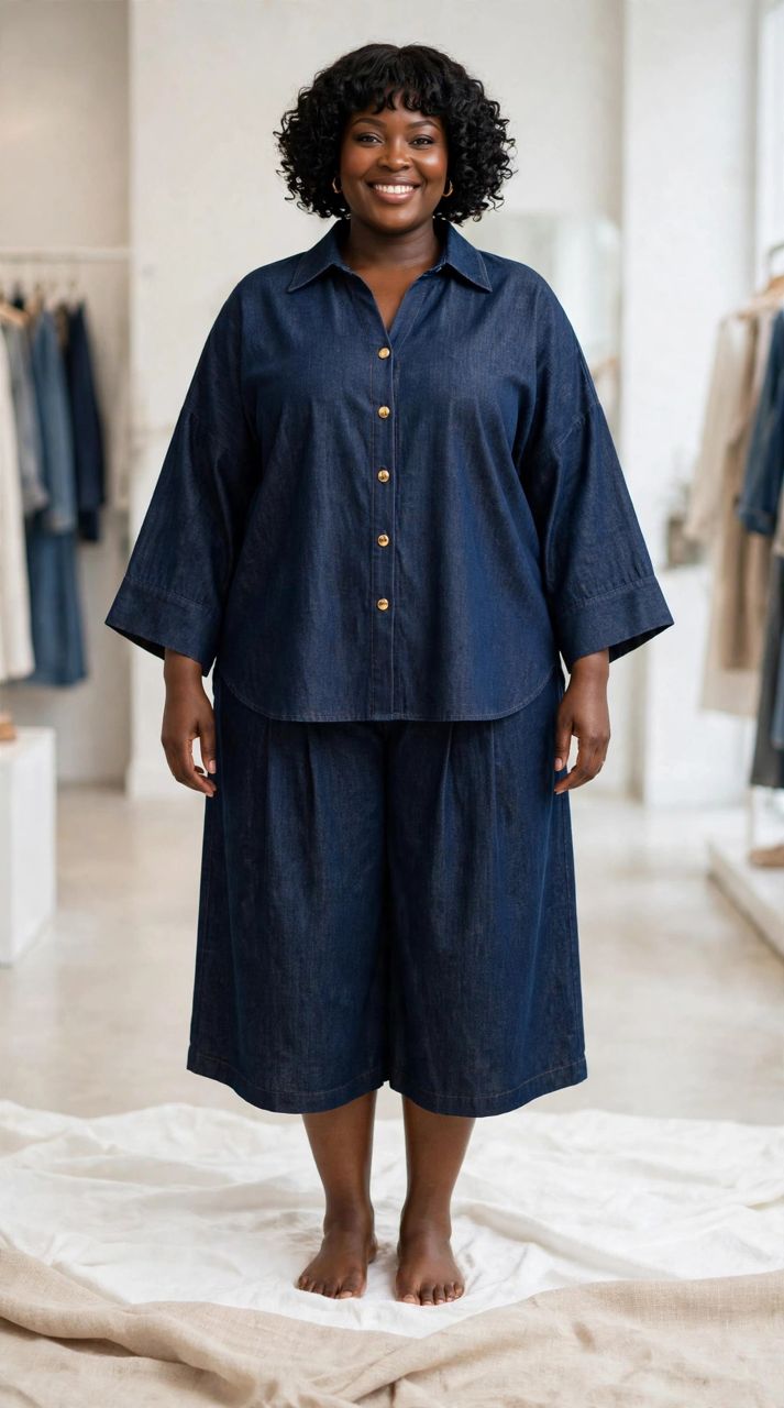 Soft Denim 2-Piece Set - Oversized Shirt + Culotte Shorts - Flowy Tencel Soft - NOT Hard Jeans - 3 Colors Copper Brown / Classic Indigo / Faded Light Wash - Free Size M-2XL - Image 3