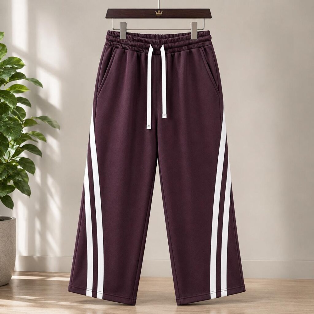Unisex Wide Leg Double Stripe Track Pants - Burgundy & Black - Baggy Palazzo Joggers - High Waist Drawstring - S-XXL