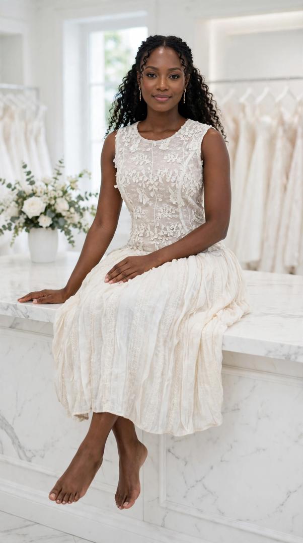 White Lace Corset Midi Dress - Floral Embroidery Sleeveless - Crinkle Pleated Skirt - Wedding Guest Dinner - Cream White - Image 2
