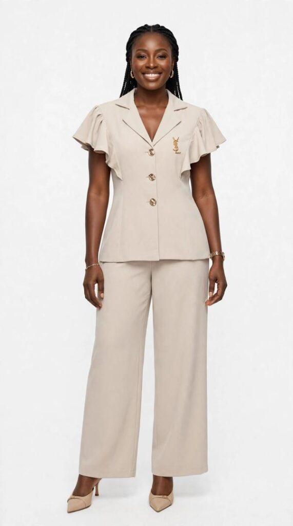 YSL Beige 2-Piece Set - Ruffle Sleeve Blouse with Gold Buttons + Wide Leg Pants - Office Brunch Classy - Stone Color - M L XL 2XL