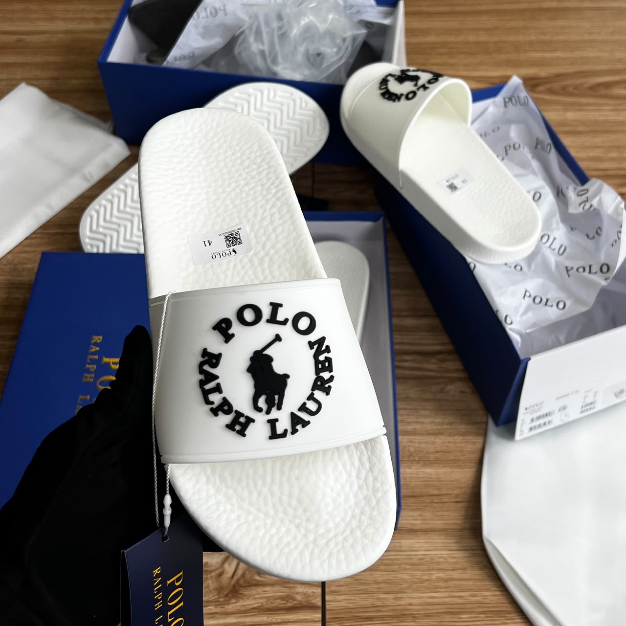 Polo Ralph Lauren Slides - White With Black Circle Logo - Comfort Slides - Original Box - Size 40-45 - Image 2