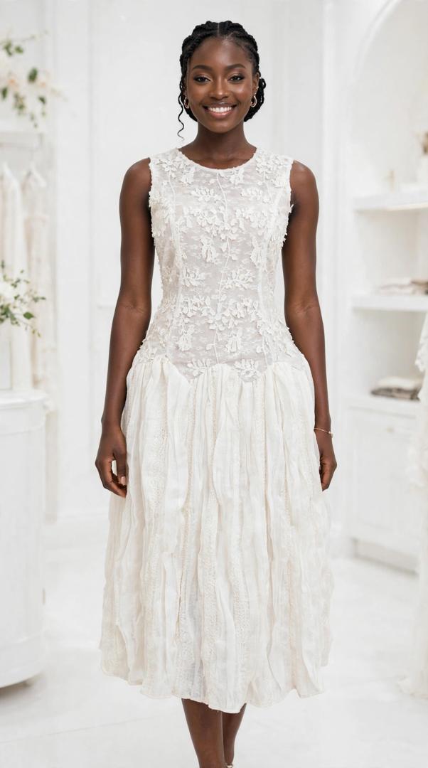 White Lace Corset Midi Dress - Floral Embroidery Sleeveless - Crinkle Pleated Skirt - Wedding Guest Dinner - Cream White - Image 3