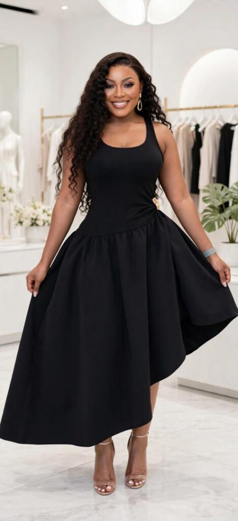 Black Tank Flare Midi Dress - Scoop Neck Sleeveless Asymmetrical Hem - Goddess Church Wedding Guest - Black