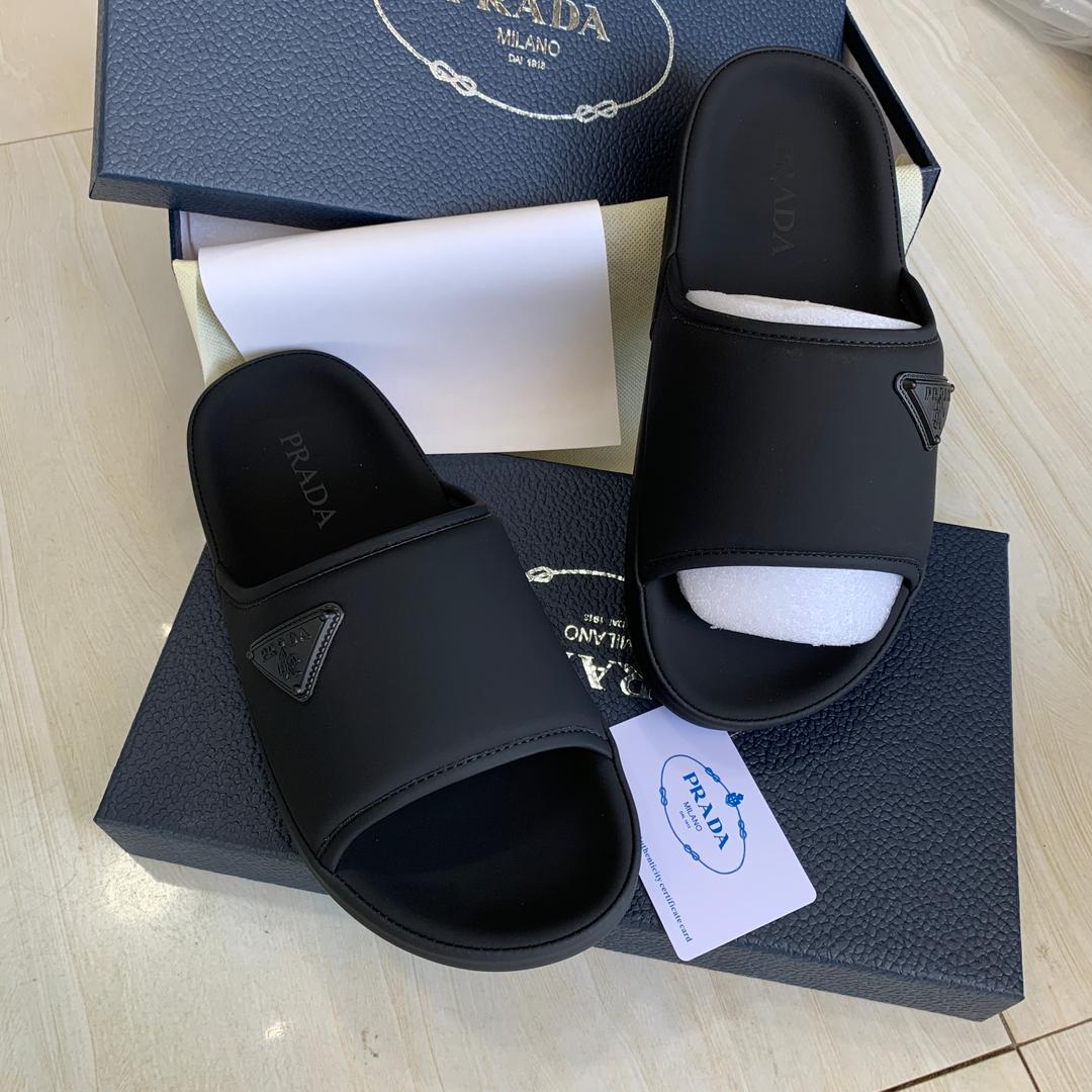 Prada Triangle Logo Slides - All Black Rubber Slides - Stealth Black Badge - Original Box - Size 40-45 - Image 2