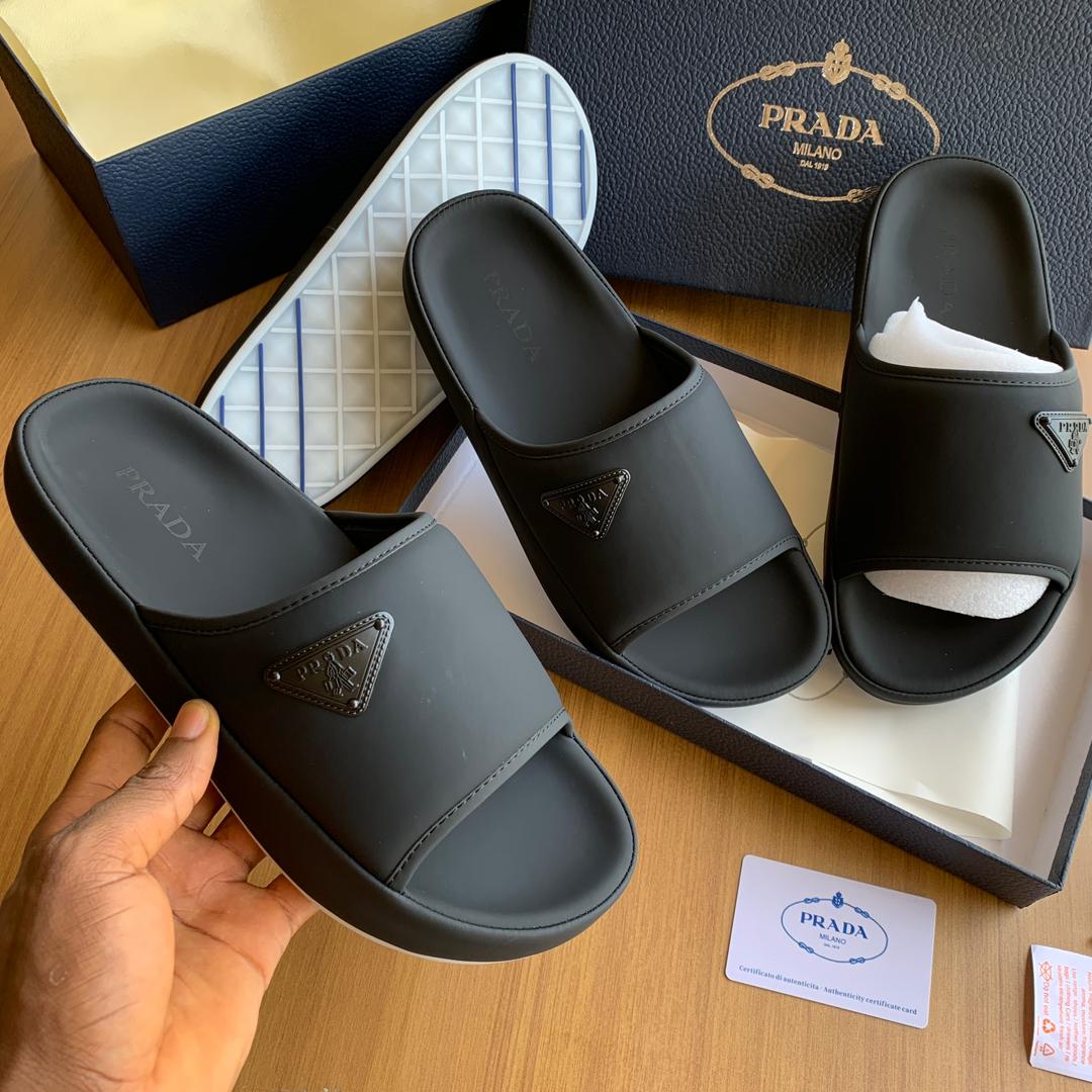 Prada Triangle Logo Slides - All Black Rubber Slides - Stealth Black Badge - Original Box - Size 40-45 - Image 3