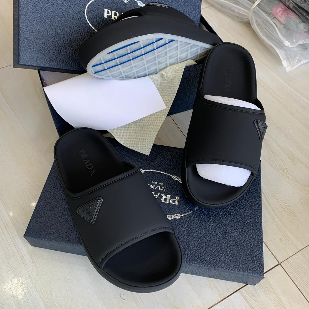 Prada Triangle Logo Slides - All Black Rubber Slides - Stealth Black Badge - Original Box - Size 40-45 - Image 6