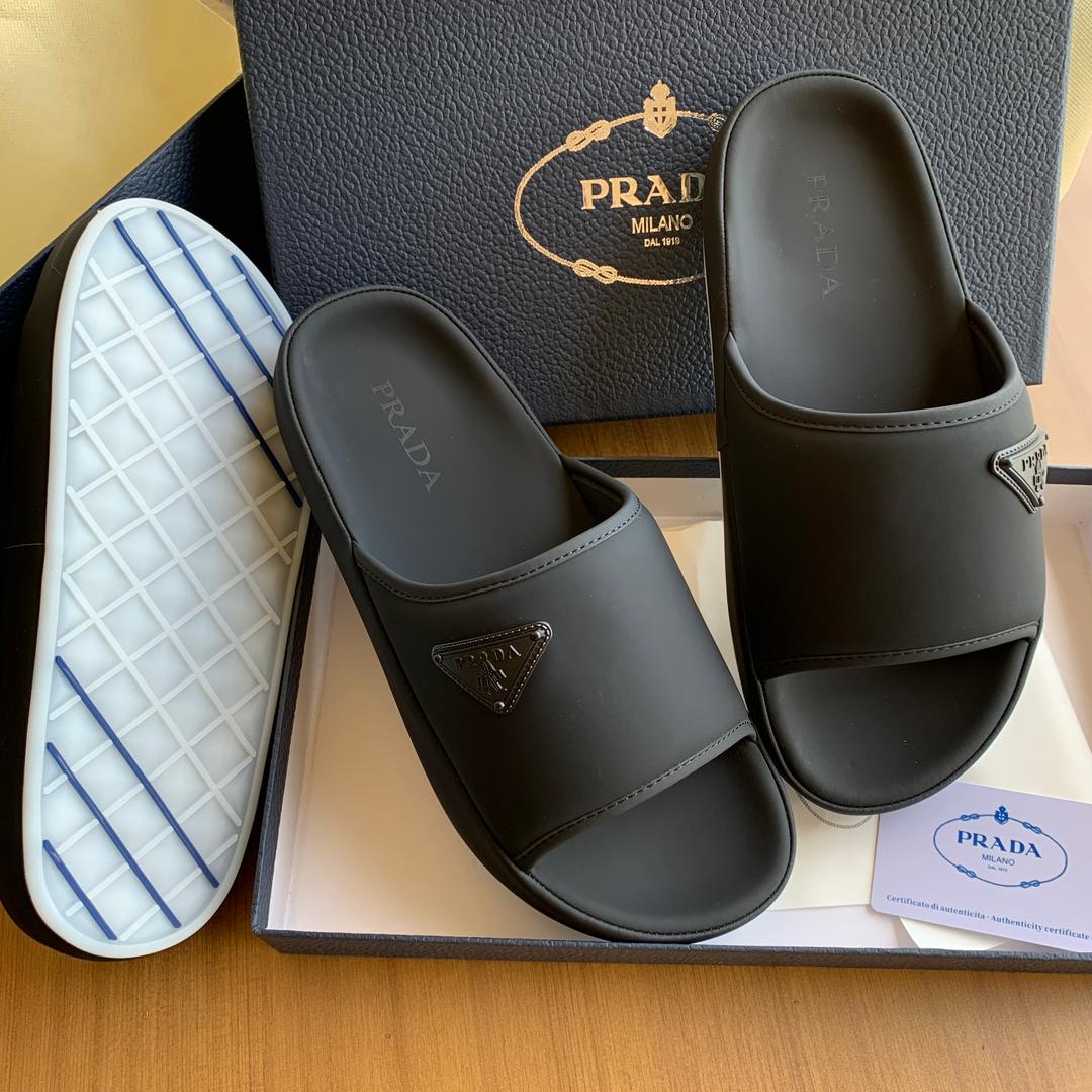 Prada Triangle Logo Slides - All Black Rubber Slides - Stealth Black Badge - Original Box - Size 40-45 - Image 5