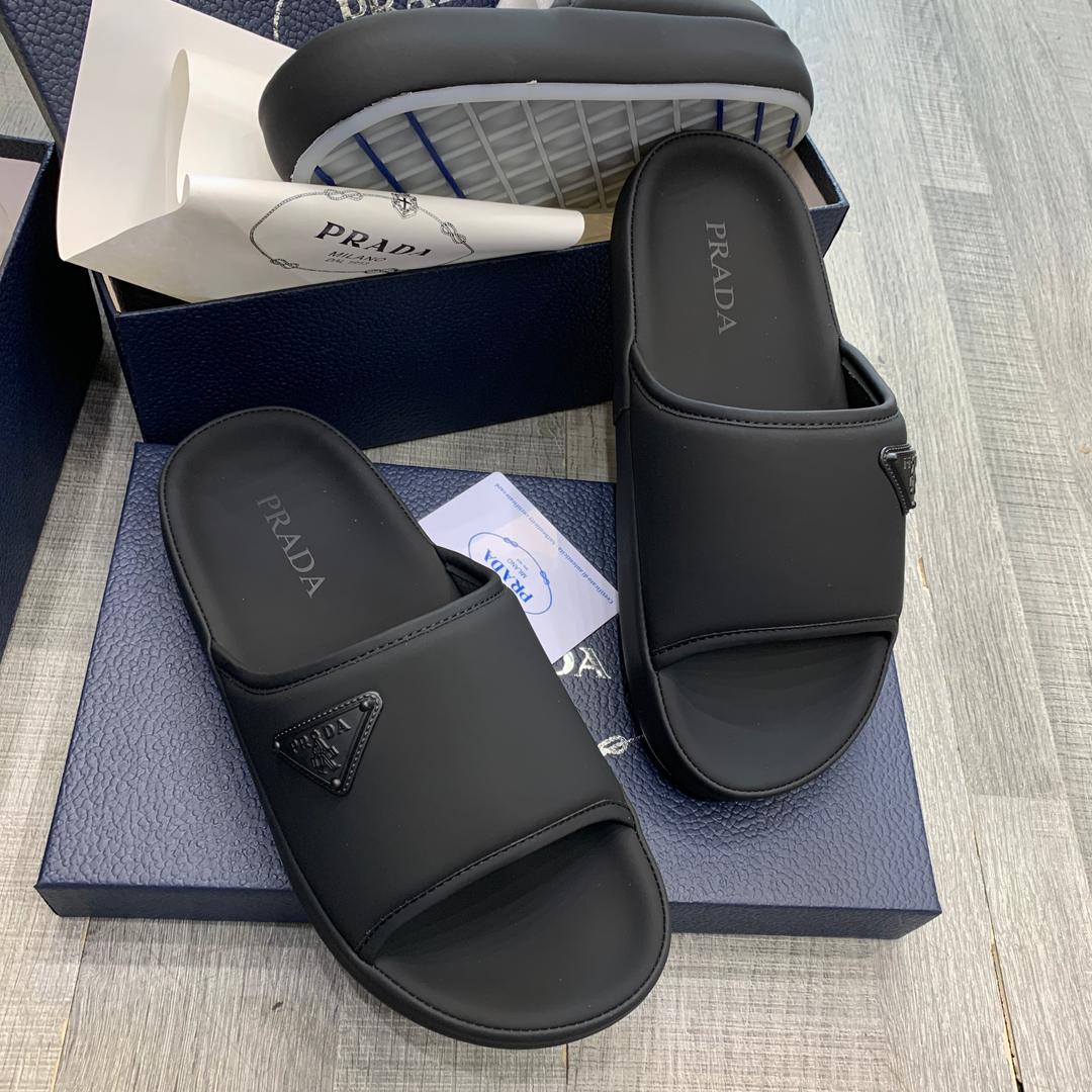 Prada Triangle Logo Slides - All Black Rubber Slides - Stealth Black Badge - Original Box - Size 40-45 - Image 7