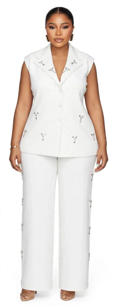 CELESTE Luxury Crystal Embellished Sleeveless Vest & Wide-Leg Pants 2-Piece Set - Pink & White