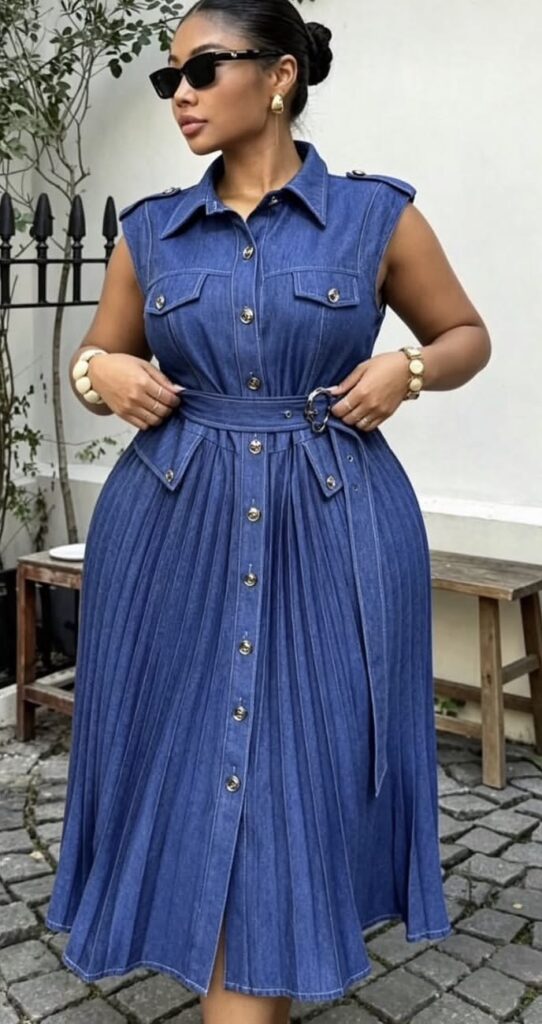 Elegant Denim Pleated Dress - All Sizes S-XXL