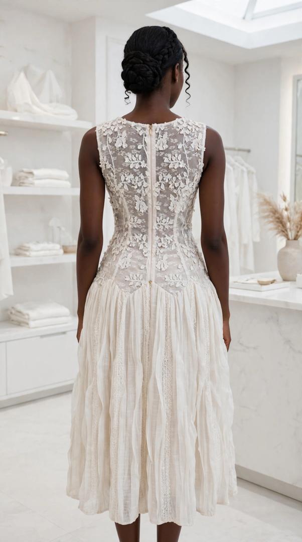 White Lace Corset Midi Dress - Floral Embroidery Sleeveless - Crinkle Pleated Skirt - Wedding Guest Dinner - Cream White - Image 4