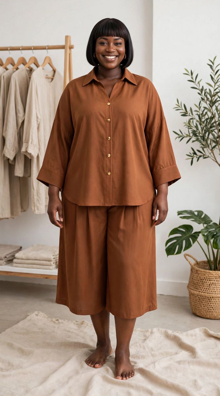 Soft Denim 2-Piece Set - Oversized Shirt + Culotte Shorts - Flowy Tencel Soft - NOT Hard Jeans - 3 Colors Copper Brown / Classic Indigo / Faded Light Wash - Free Size M-2XL - Image 2