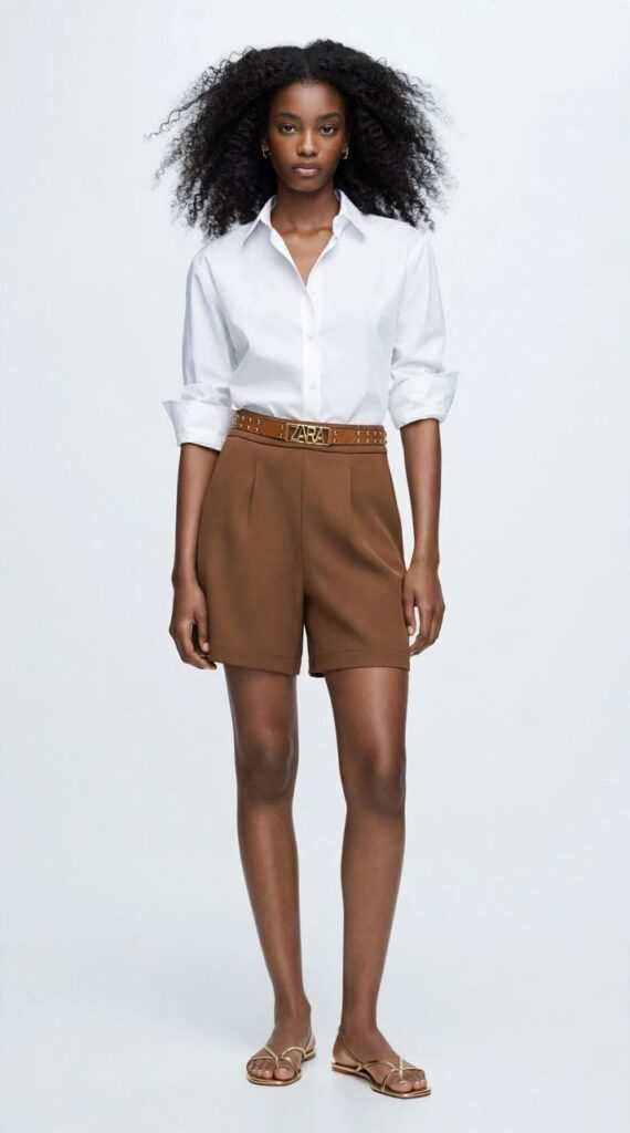 ZARA High Waist Shorts - Brown with Gold ZARA Belt Buckle - Pleated Classy - Sizes S/M/L