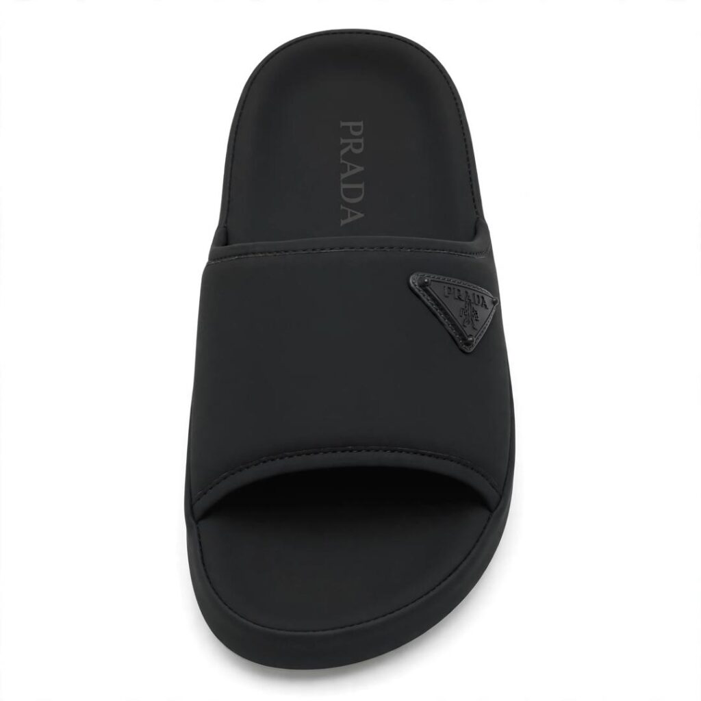 Prada Triangle Logo Slides - All Black Rubber Slides - Stealth Black Badge - Original Box - Size 40-45