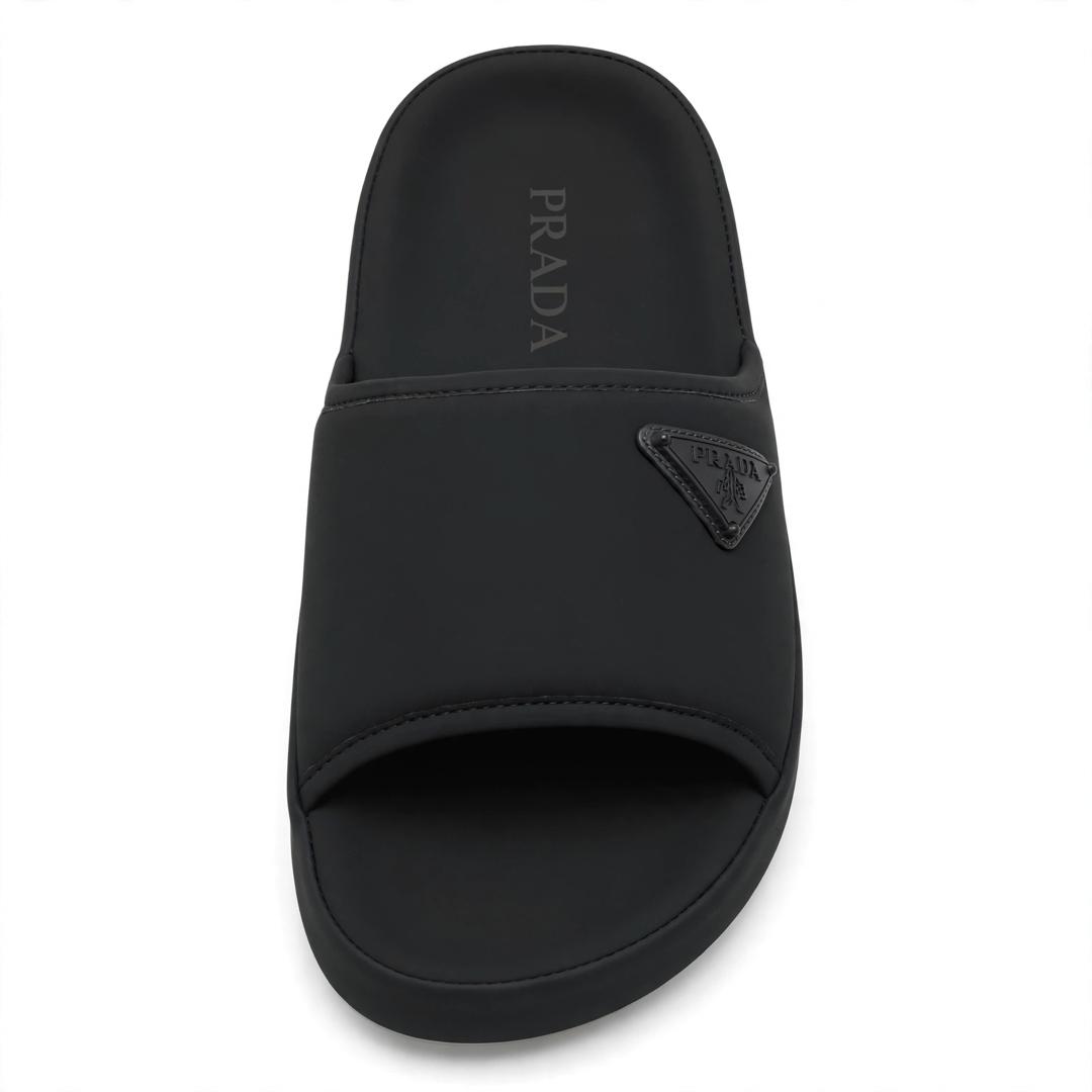 Prada Triangle Logo Slides - All Black Rubber Slides - Stealth Black Badge - Original Box - Size 40-45