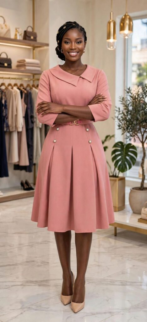 Elegant Blush Pink Collared Midi Dress with Belt