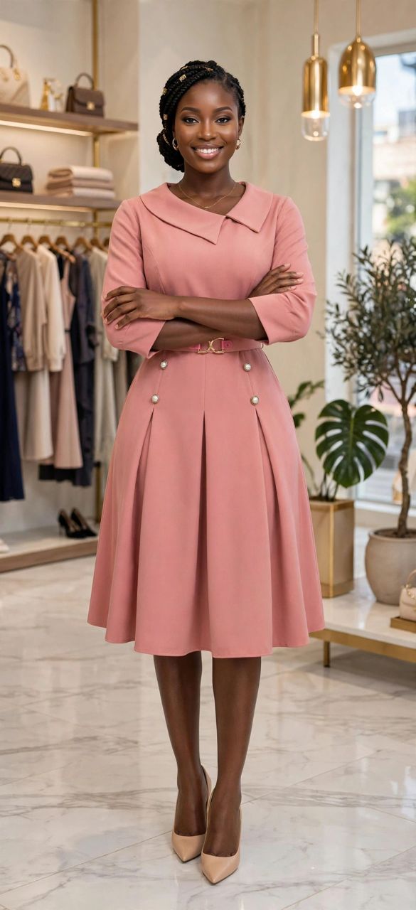 Elegant Blush Pink Collared Midi Dress with Belt