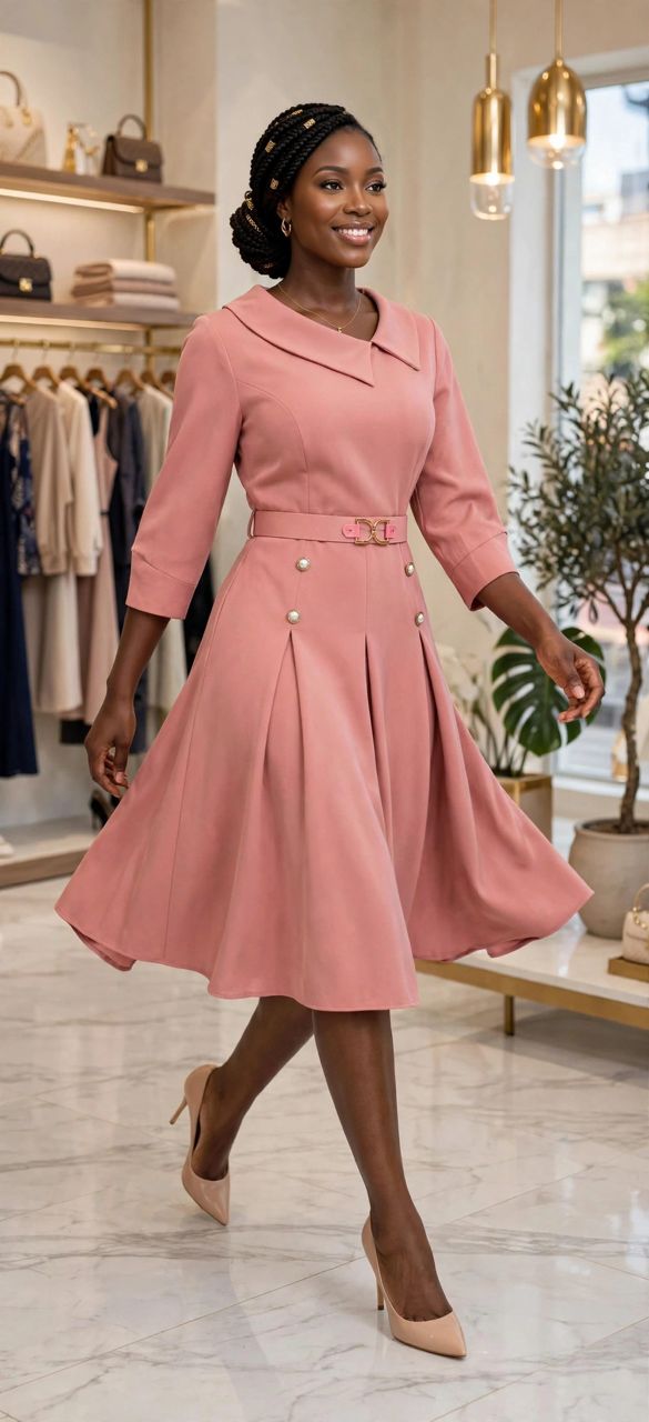 Elegant Blush Pink Collared Midi Dress with Belt - Image 2