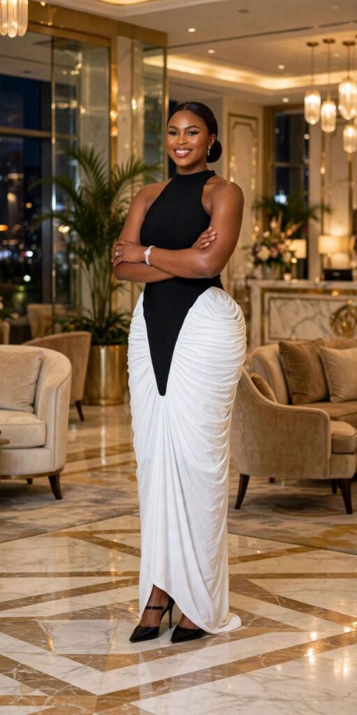 Elegant Black & White Ruched Contrast Maxi Dress