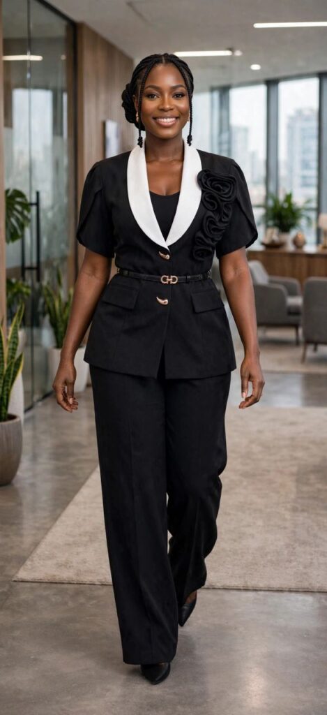 Elegant Black & White Collar Floral Two-Piece Set
