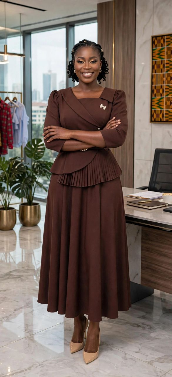 Elegant Chocolate Brown Pleated Peplum Midi Dress - Image 4