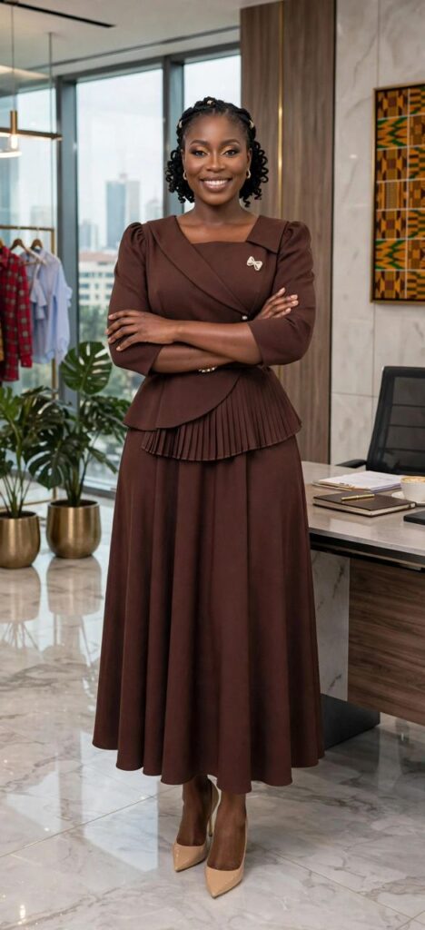 Elegant Chocolate Brown Pleated Peplum Midi Dress