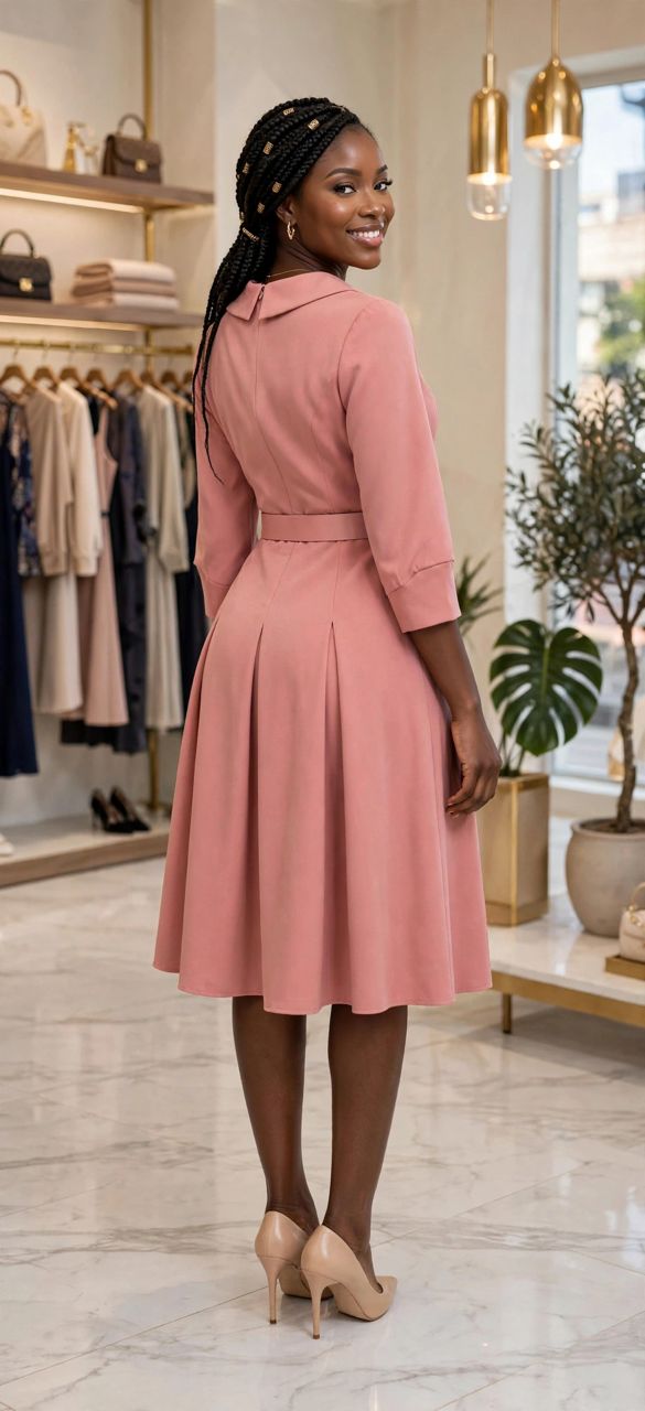 Elegant Blush Pink Collared Midi Dress with Belt - Image 3