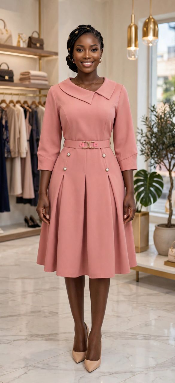 Elegant Blush Pink Collared Midi Dress with Belt - Image 5