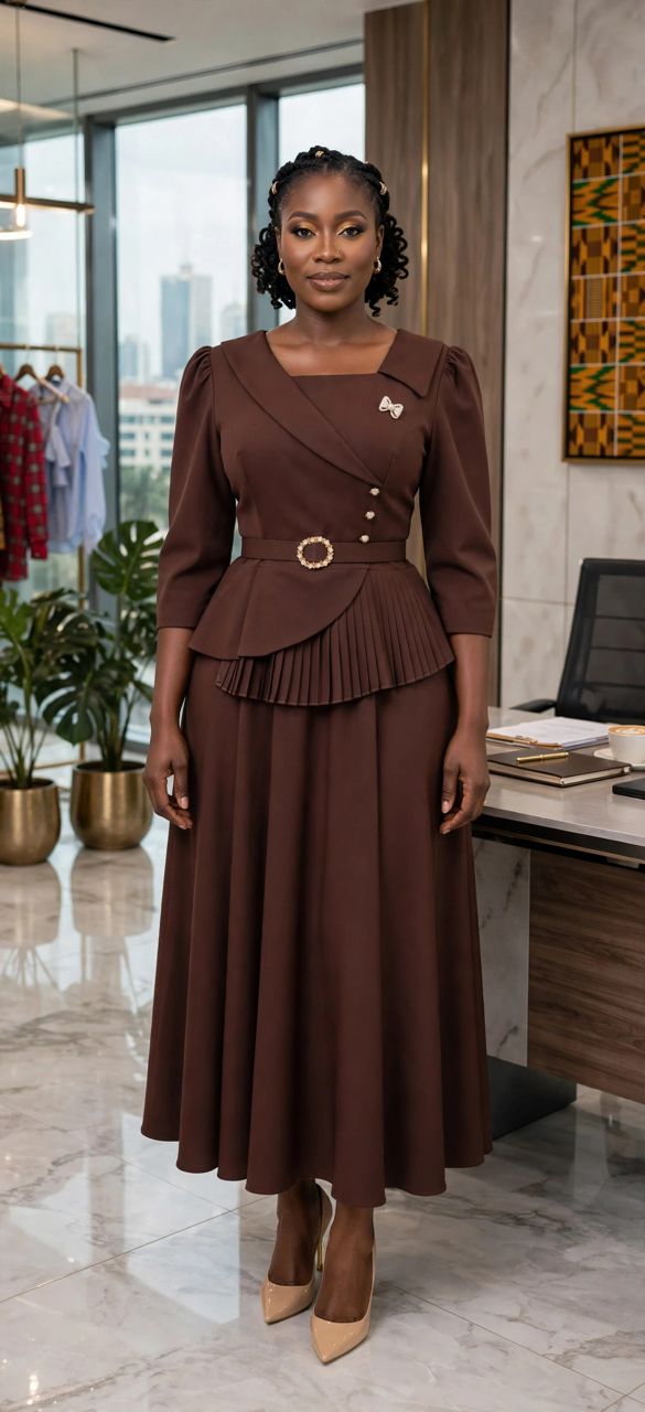 Elegant Chocolate Brown Pleated Peplum Midi Dress - Image 5