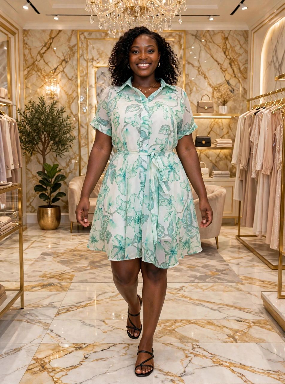 Green Leaf Print Short Sleeve Shirt Dress with Waist Tie - Image 3