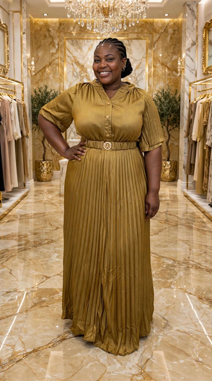 Mustard Gold Pleated Maxi Dress with Button Front and Belt - Image 2