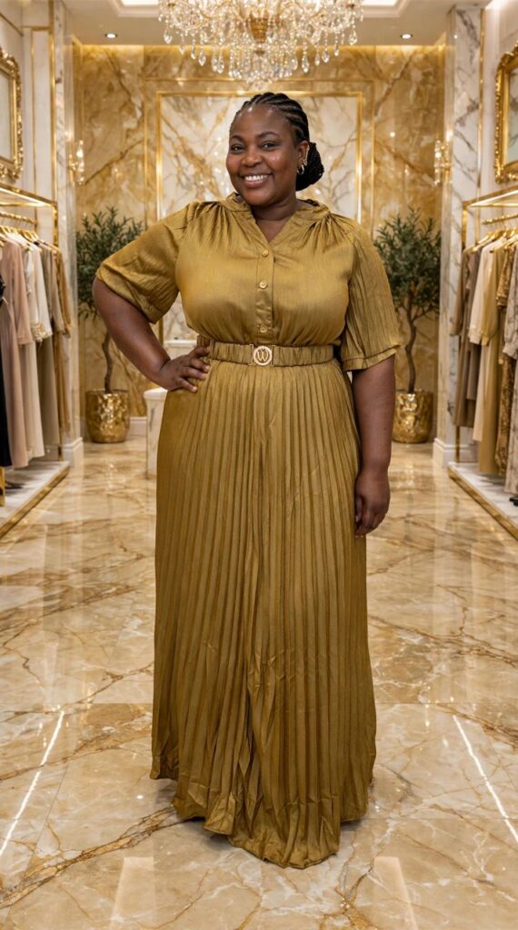 Mustard Gold Pleated Maxi Dress with Button Front and Belt