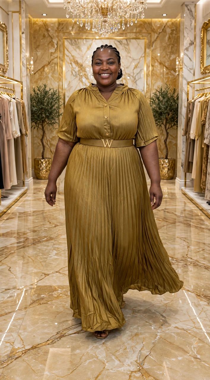 Mustard Gold Pleated Maxi Dress with Button Front and Belt - Image 3