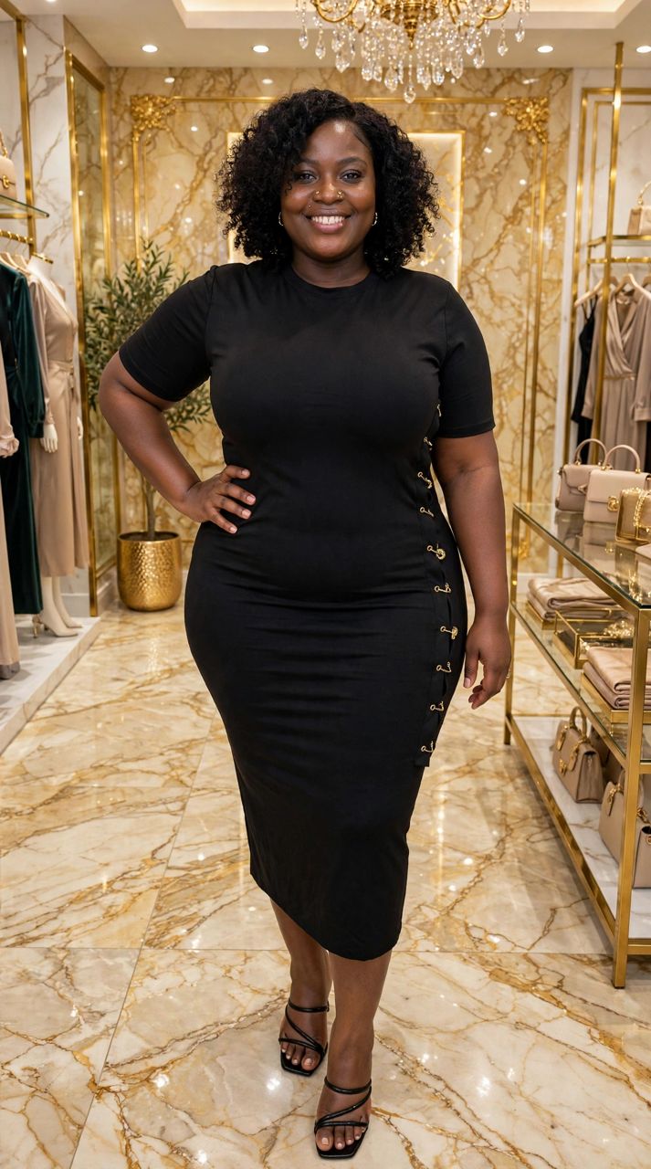 Black Short-Sleeve Midi Bodycon Dress with Gold Side Buttons - Image 2