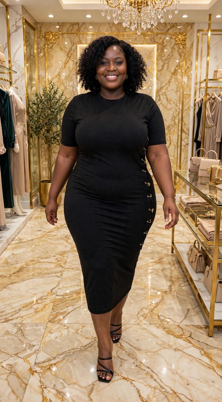 Black Short-Sleeve Midi Bodycon Dress with Gold Side Buttons - Image 3