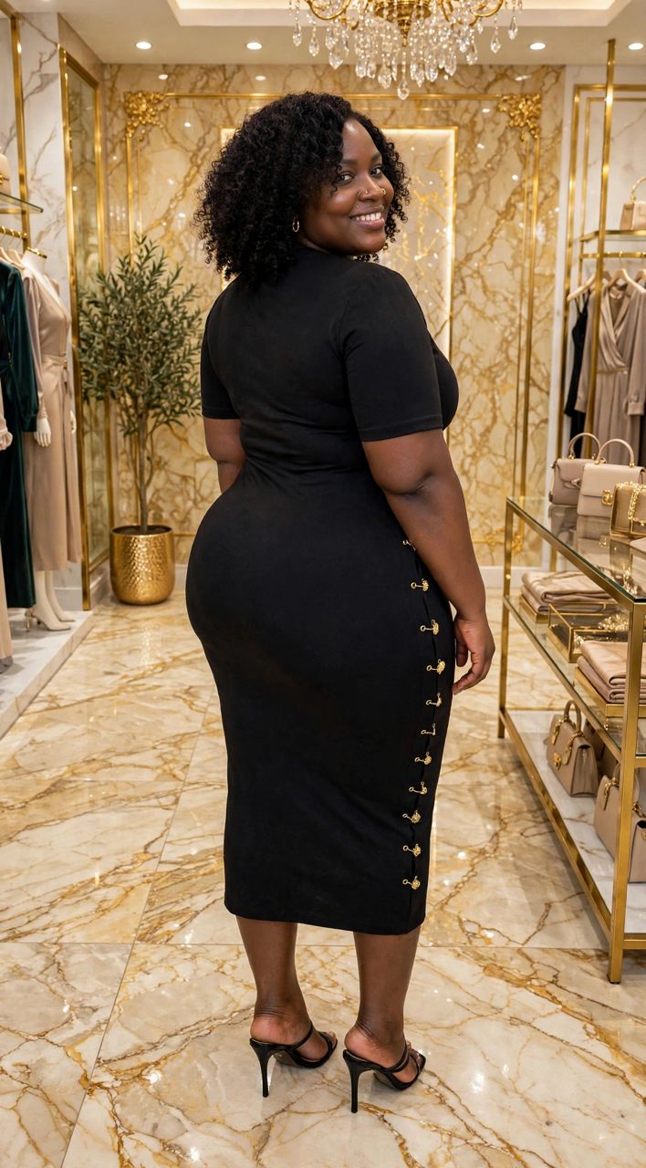 Black Short-Sleeve Midi Bodycon Dress with Gold Side Buttons - Image 4