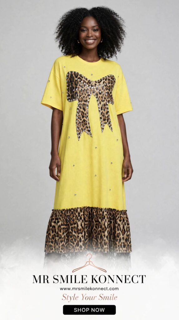 Yellow Leopard Bow Midi T-Shirt Dress with Sequin Details