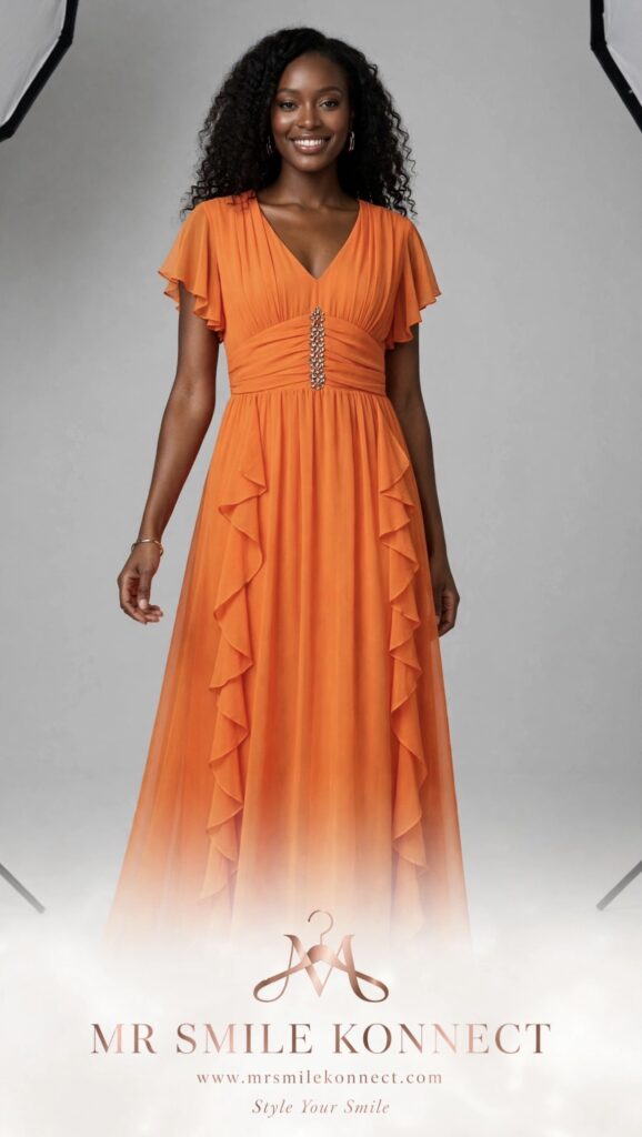 Orange Flutter Sleeve Ruffle Gown with Crystal Waist Detail