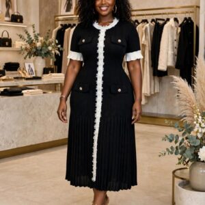 [PRE-ORDER] Black White Trim Pleated Office Dress - Chanel Style Knit | MR SMILE KONNECT