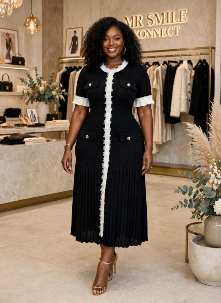 [PRE-ORDER] Black White Trim Pleated Office Dress - Chanel Style Knit | MR SMILE KONNECT