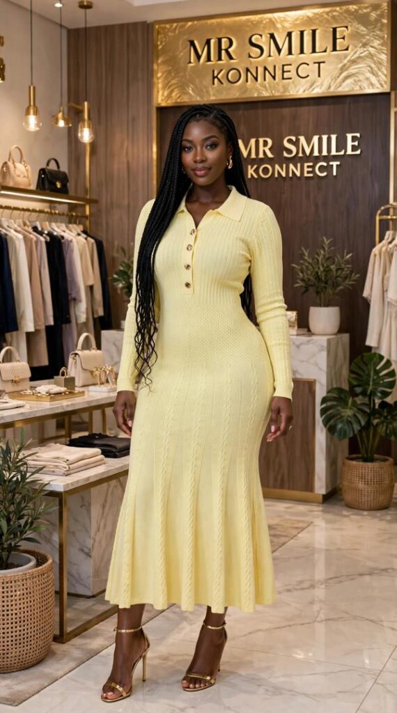 [PRE-ORDER] Lemon Yellow Long Sleeve Polo Knit Bodycon Dress - Cable Knit Mermaid | MR SMILE KONNECT